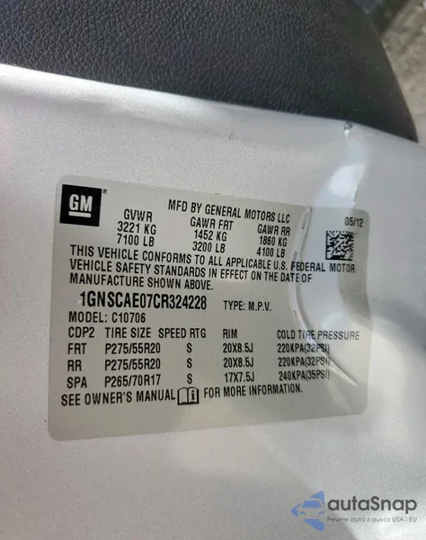 2012 Chevrolet Tahoe C1500 Ls z USA, uszkodzony, nr VIN 1GNSCAE07CR324228